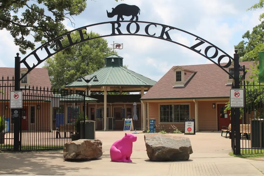 The historic stone entrance arch of the Little Rock Zoo